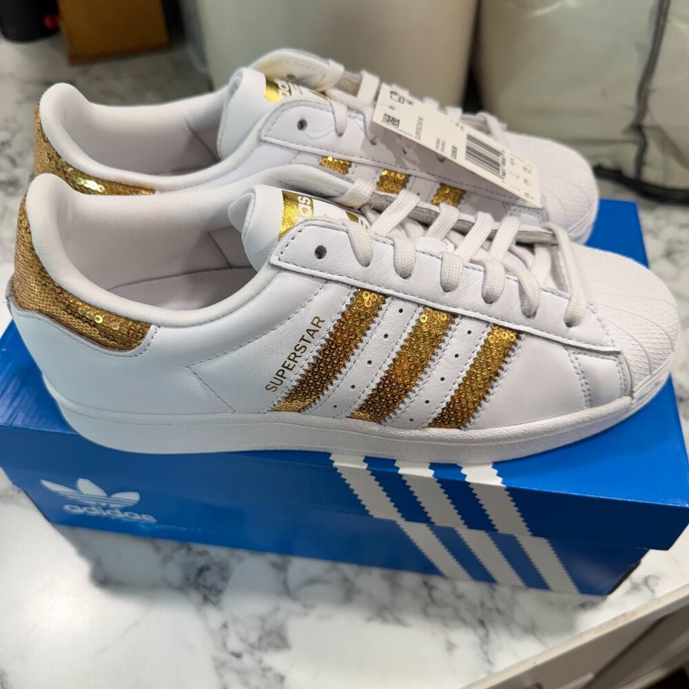 Adidas Superstar White and Sparkly Gold Shoes for sale!  Never worn. 8.5